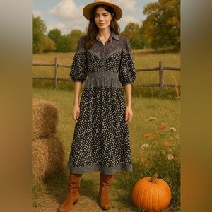 Vintage Susan Freis Women’s Large Smocked Waist Dress Mixed Print Puff Sleeve